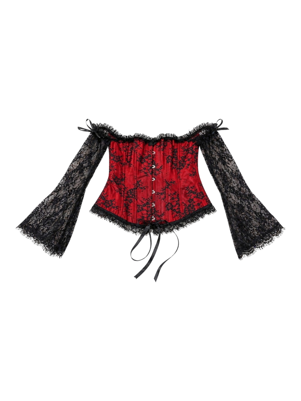 Red & Black Lace Off-Shoulder Corset Top with Bell Sleeves